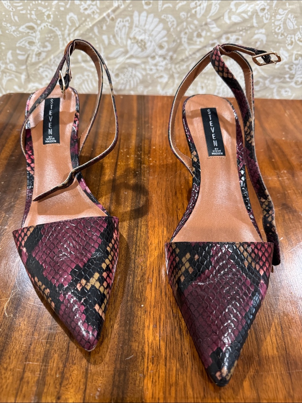 Steven by Steve Madden Burgundy and Black Snake-Print Pointed Toe Slingbacks